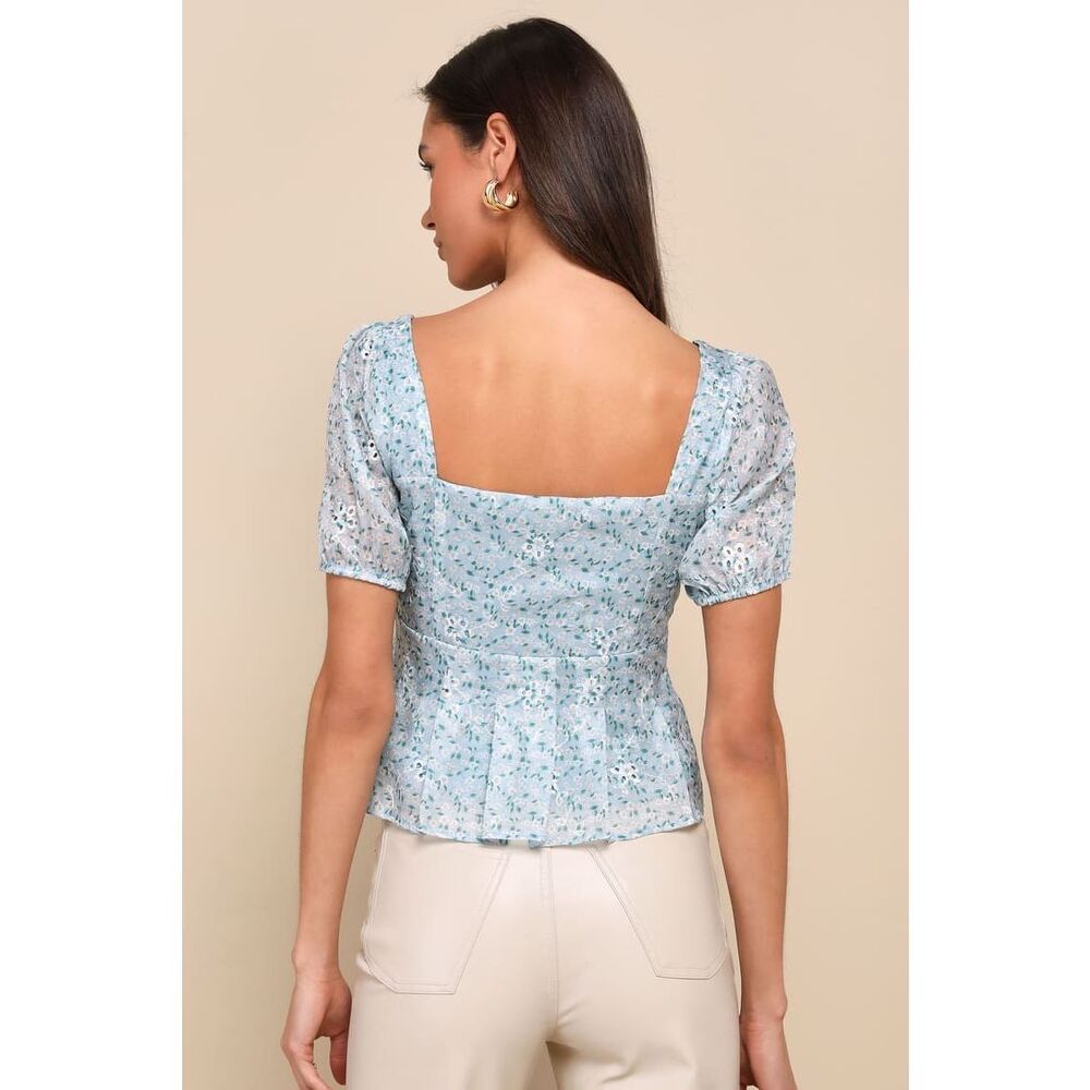 Lulus Dainty Effect Blue Floral Embroidered Pleated Puff Sleeve Top Size XS NWT - Picture 2 of 11